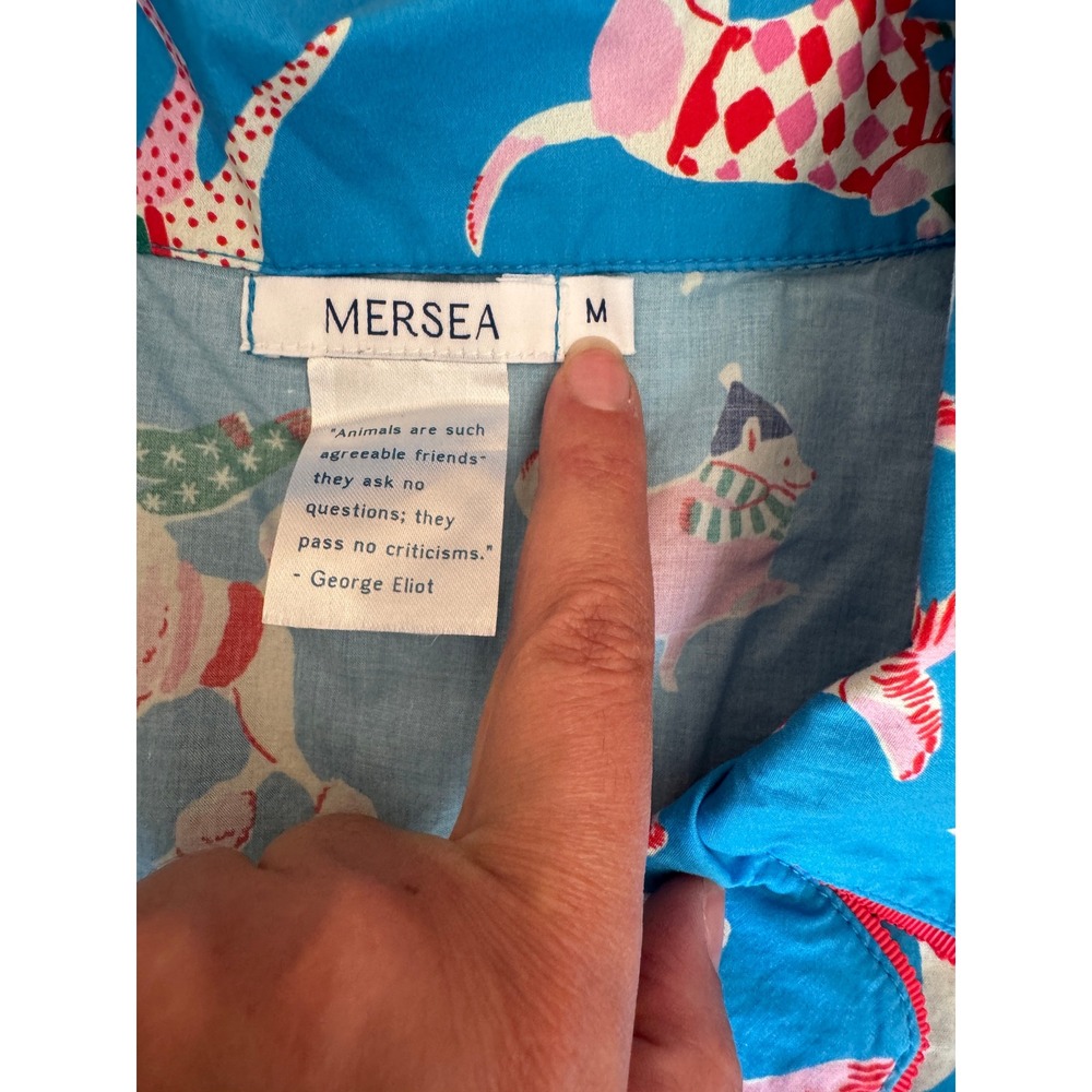 MERSEA Women's M Blue Dog Print Cotton Pajama Set Long Sleeve Button Top & Pants - Picture 4 of 10